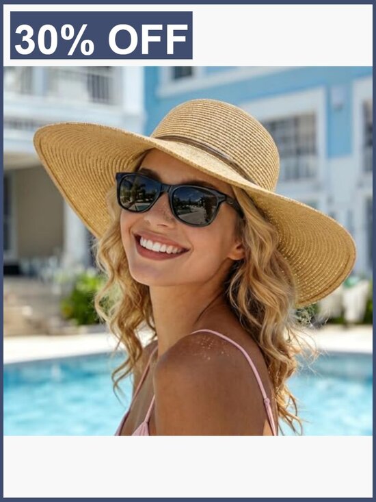 Womens Wide Brim Straw Sun Hat UPF 50 Floppy Foldable Beach Travel Summer